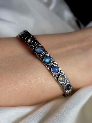 Rainbow Moonstone Sterling Silver Adjustable Cuff vintage style,oxidised silver jewellery,blue gemstone bracelet