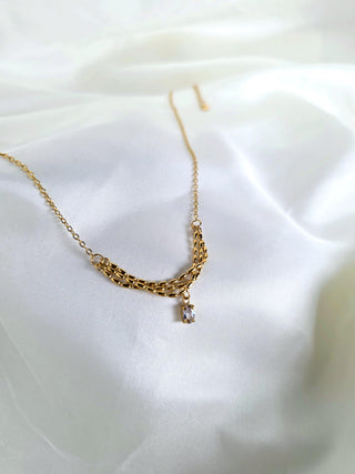 18K Gold-Plated Triple Bead layered Chain with CZ Teardrop Charm,bridesmaids wedding jewellery,tarnishfree waterproof jewellery