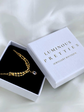 18K Gold-Plated Triple Bead layered Chain with CZ Teardrop Charm,bridesmaids wedding jewellery,tarnishfree waterproof jewellery