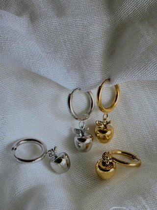 Tarnishfree Apple charm Hoop earrings 18K Gold vermeil,dangle drop Fruit charms,sterling Silver round hoops,quirky jewellery,gift for her