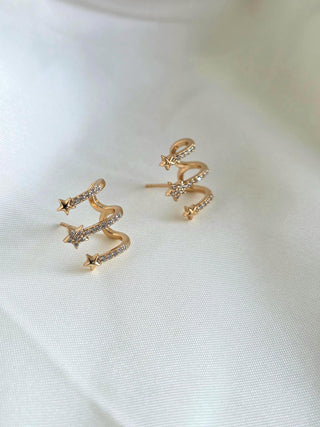 Faux Triple Claw Hoop Star Stud Earrings in 16K Gold‑Plated Sterling Silver,Illusion Multi‑Hoop Cartilage Look,no Piercing ear stack