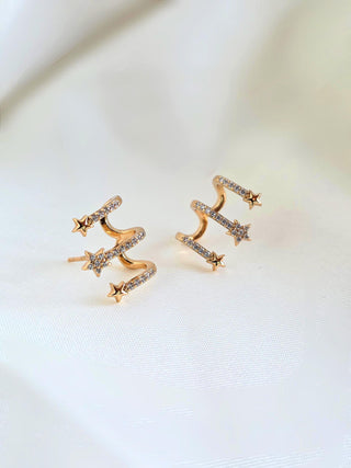 Faux Triple Claw Hoop Star Stud Earrings in 16K Gold‑Plated Sterling Silver,Illusion Multi‑Hoop Cartilage Look,no Piercing ear stack