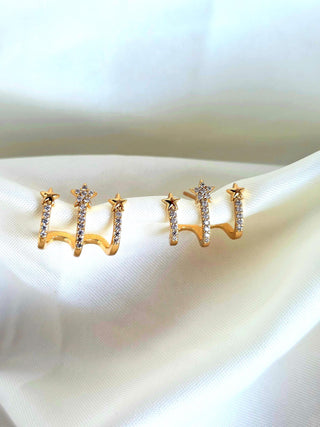 Faux Triple Claw Hoop Star Stud Earrings in 16K Gold‑Plated Sterling Silver,Illusion Multi‑Hoop Cartilage Look,no Piercing ear stack