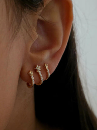 Faux Triple Claw Hoop Star Stud Earrings in 16K Gold‑Plated Sterling Silver,Illusion Multi‑Hoop Cartilage Look,no Piercing ear stack