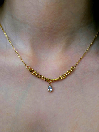 18K Gold-Plated Triple Bead layered Chain with CZ Teardrop Charm,bridesmaids wedding jewellery,tarnishfree waterproof jewellery