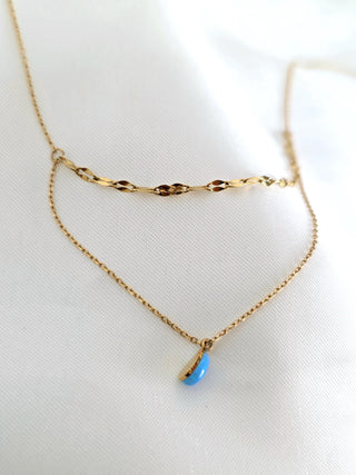 18K Gold-Plated double layered Chain with Blue Fire Opal Teardrop Charm,bridesmaids wedding jewellery,tarnishfree waterproof jewellery