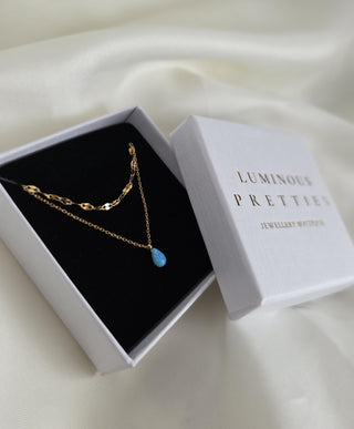 18K Gold-Plated double layered Chain with Blue Fire Opal Teardrop Charm,bridesmaids wedding jewellery,tarnishfree waterproof jewellery