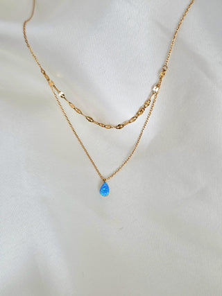 18K Gold-Plated double layered Chain with Blue Fire Opal Teardrop Charm,bridesmaids wedding jewellery,tarnishfree waterproof jewellery