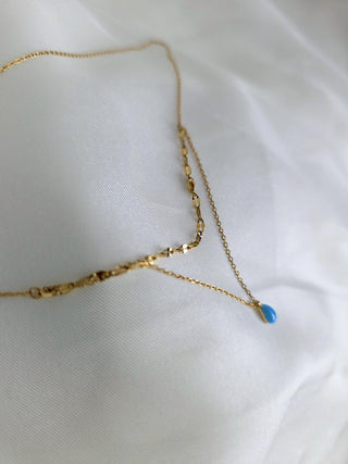 18K Gold-Plated double layered Chain with Blue Fire Opal Teardrop Charm,bridesmaids wedding jewellery,tarnishfree waterproof jewellery