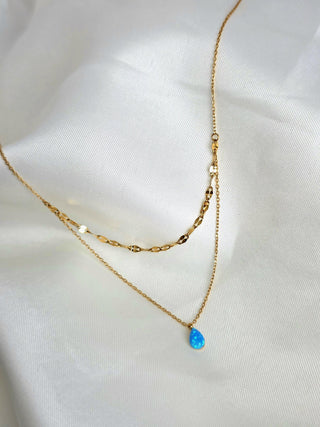 18K Gold-Plated double layered Chain with Blue Fire Opal Teardrop Charm,bridesmaids wedding jewellery,tarnishfree waterproof jewellery
