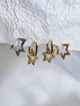 Star Charm detachable Sterling silver Hoop earrings,zirconia Star shaped Stud charm earrings,18k Gold Rectangular Hoop earrings