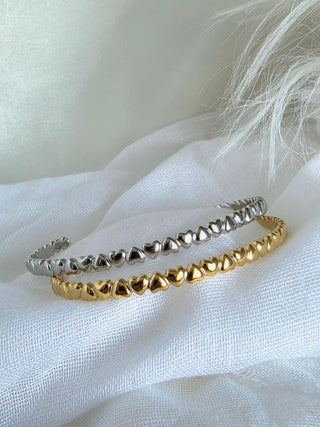 Tarnishfree Slim Puff Heart Cuff bracelets, Sterling Silver and 18K Gold plated heart bangles,waterproof jewellery,Stacking bracelets