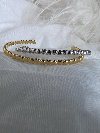 Tarnishfree Slim Puff Heart Cuff bracelets, Sterling Silver and 18K Gold plated heart bangles,waterproof jewellery,Stacking bracelets