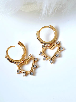 18k Gold heart charm drop Hoop earrings,dangle drop cubic zirconia spike heart hoop earrings in sterling silver base,gift for her