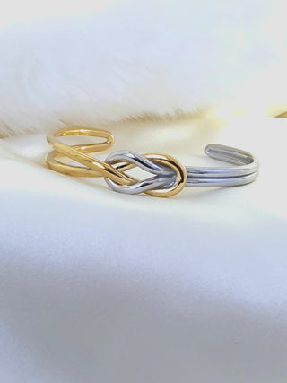 Chunky knot open cuff bracelet in Sterling Silver and 18K Gold,two tone infinity knot double cuff bracelet,,Waterproof jewellery