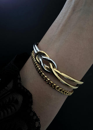 Chunky knot open cuff bracelet in Sterling Silver and 18K Gold,two tone infinity knot double cuff bracelet,,Waterproof jewellery
