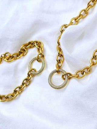 Chunky O-Link chain bracelet, adjustable 18k gold,micropave cz caribiner charm necklace waterproof tarnishfree jewellery