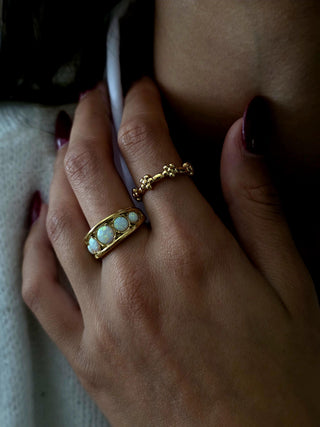 Opal Wide Band Ring in 18K Gold Plated Stainless Steel, October Birthstone Statement Ring,Waterproof Everyday Jewellery,Cocktail ring