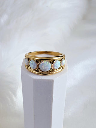 Opal Wide Band Ring in 18K Gold Plated Stainless Steel, October Birthstone Statement Ring,Waterproof Everyday Jewellery,Cocktail ring