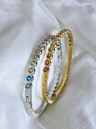 Coloured Gem pave hinged bracelet Sterling Silver 18K Gold plated bangle bracelet,cubic zirconia square round bangles. waterproof jewellery
