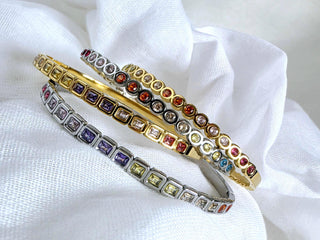 Coloured Gem pave hinged bracelet Sterling Silver 18K Gold plated bangle bracelet,cubic zirconia square round bangles. waterproof jewellery
