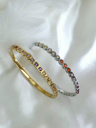Coloured Gem pave hinged bracelet Sterling Silver 18K Gold plated bangle bracelet,cubic zirconia square round bangles. waterproof jewellery