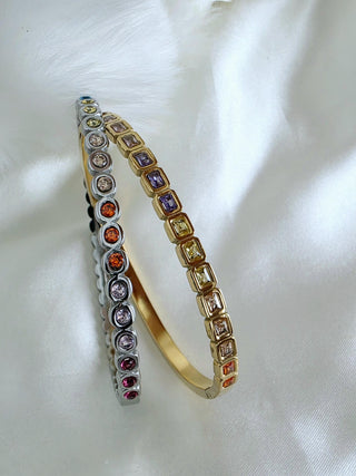 Coloured Gem pave hinged bracelet Sterling Silver 18K Gold plated bangle bracelet,cubic zirconia square round bangles. waterproof jewellery