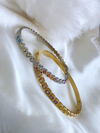 Coloured Gem pave hinged bracelet Sterling Silver 18K Gold plated bangle bracelet,cubic zirconia square round bangles. waterproof jewellery