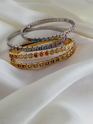 Coloured Gem pave hinged bracelet Sterling Silver 18K Gold plated bangle bracelet,cubic zirconia square round bangles. waterproof jewellery