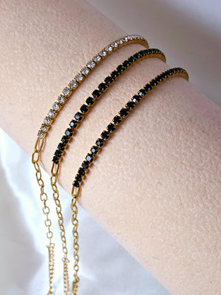 1.5mm Paperclip & Tennis bracelet with dainty 18k Gold Stainless steel,Green Black and clear cubic zirconia adjustable link chain bracelet