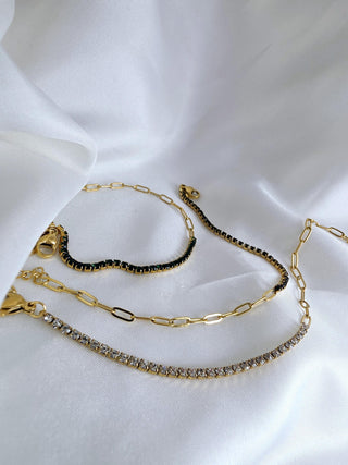 1.5mm Paperclip & Tennis bracelet with dainty 18k Gold Stainless steel,Green Black and clear cubic zirconia adjustable link chain bracelet