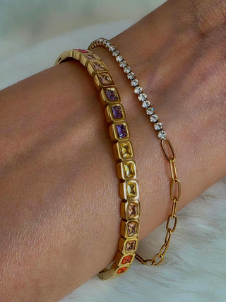 1.5mm Paperclip & Tennis bracelet with dainty 18k Gold Stainless steel,Green Black and clear cubic zirconia adjustable link chain bracelet