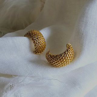 Vintage Gold Mesh Hoop stud earrings,gift for her,large Gold hoops waterproof jewellery,faux hoop stud earrings,C Hoop earrings 18k gold