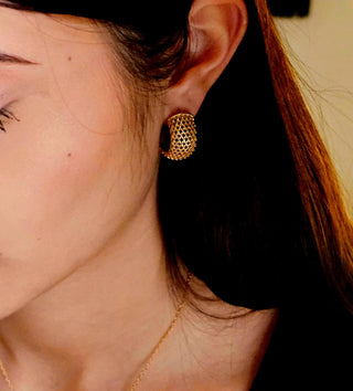 Vintage inspired large bold gold hoops in a c style, half hoops with a stud fastening.18k gold plated on stainless steel making it tarnishfree hypoallergenic and waterproof. Lightweight and mesh detail design makes it day or night wear