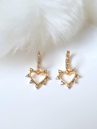 18k Gold heart charm drop Hoop earrings,dangle drop cubic zirconia spike heart hoop earrings in sterling silver base,gift for her