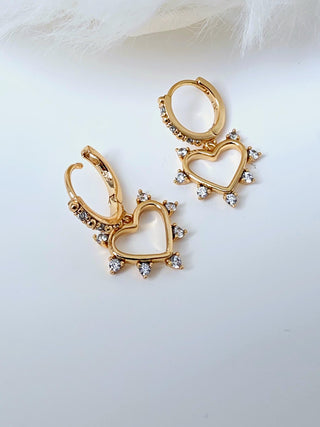 18k Gold heart charm drop Hoop earrings,dangle drop cubic zirconia spike heart hoop earrings in sterling silver base,gift for her