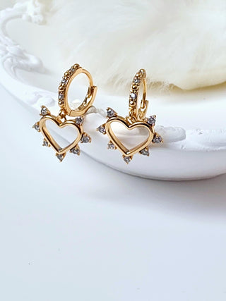 18k Gold heart charm drop Hoop earrings,dangle drop cubic zirconia spike heart hoop earrings in sterling silver base,gift for her