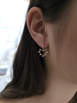 18k Gold heart charm drop Hoop earrings,dangle drop cubic zirconia spike heart hoop earrings in sterling silver base,gift for her