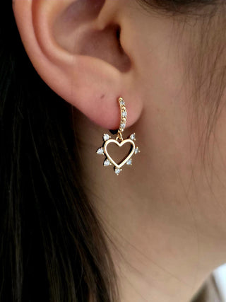 18k Gold heart charm drop Hoop earrings,dangle drop cubic zirconia spike heart hoop earrings in sterling silver base,gift for her