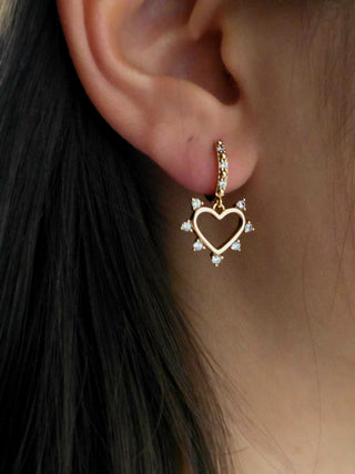 18k Gold heart charm drop Hoop earrings,dangle drop cubic zirconia spike heart hoop earrings in sterling silver base,gift for her