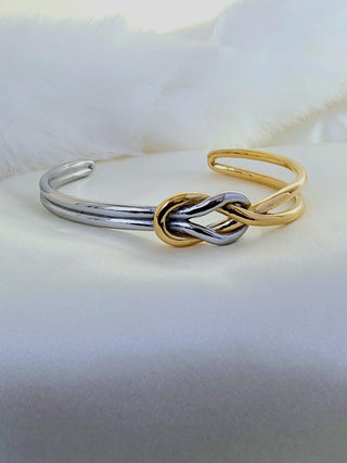 Chunky knot open cuff bracelet in Sterling Silver and 18K Gold,two tone infinity knot double cuff bracelet,,Waterproof jewellery