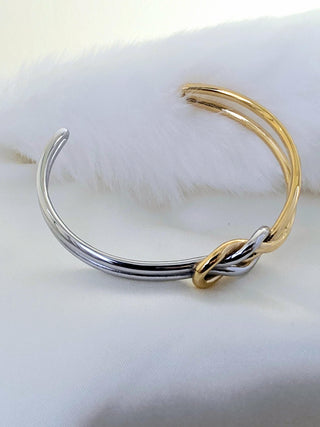 Chunky knot open cuff bracelet in Sterling Silver and 18K Gold,two tone infinity knot double cuff bracelet,,Waterproof jewellery