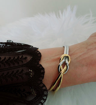 Chunky knot open cuff bracelet in Sterling Silver and 18K Gold,two tone infinity knot double cuff bracelet,,Waterproof jewellery