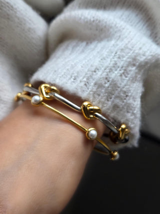 Two tone adjustable Chunky knot open cuff bracelet in Sterling Silver and 18K Gold,Wavy Silver Band cuff knot bracelet,Waterproof jewellery