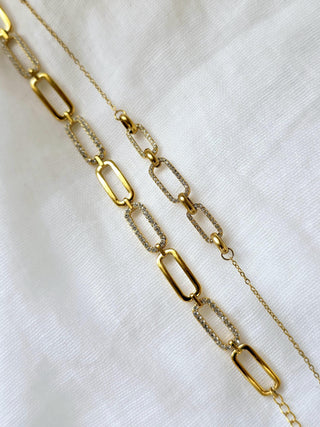 Paperclip link Chain Bracelets in cubic Zirconia and 18k Gold Stainless steel,adjustable length flat link cz pave daily bracelet,gift