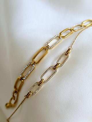 Paperclip link Chain Bracelets in cubic Zirconia and 18k Gold Stainless steel,adjustable length flat link cz pave daily bracelet,gift