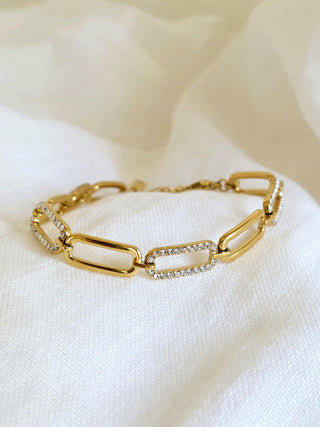 Paperclip link Chain Bracelets in cubic Zirconia and 18k Gold Stainless steel,adjustable length flat link cz pave daily bracelet,gift