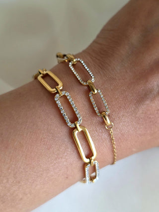 Paperclip link Chain Bracelets in cubic Zirconia and 18k Gold Stainless steel,adjustable length flat link cz pave daily bracelet,gift
