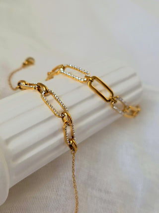 Paperclip link Chain Bracelets in cubic Zirconia and 18k Gold Stainless steel,adjustable length flat link cz pave daily bracelet,gift