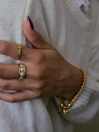 Opal Wide Band Ring in 18K Gold Plated Stainless Steel, October Birthstone Statement Ring,Waterproof Everyday Jewellery,Cocktail ring